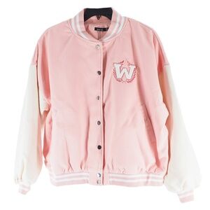 BOOHOO Pink Contrast Sleeve Varsity Jacket